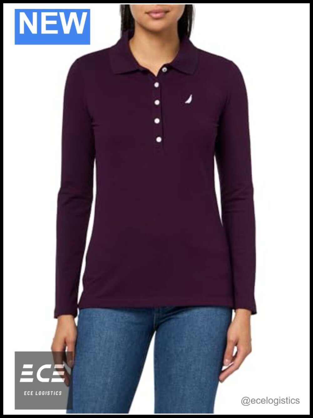 Nautica Women's Long Sleeve Solid Collared Polo Shirt